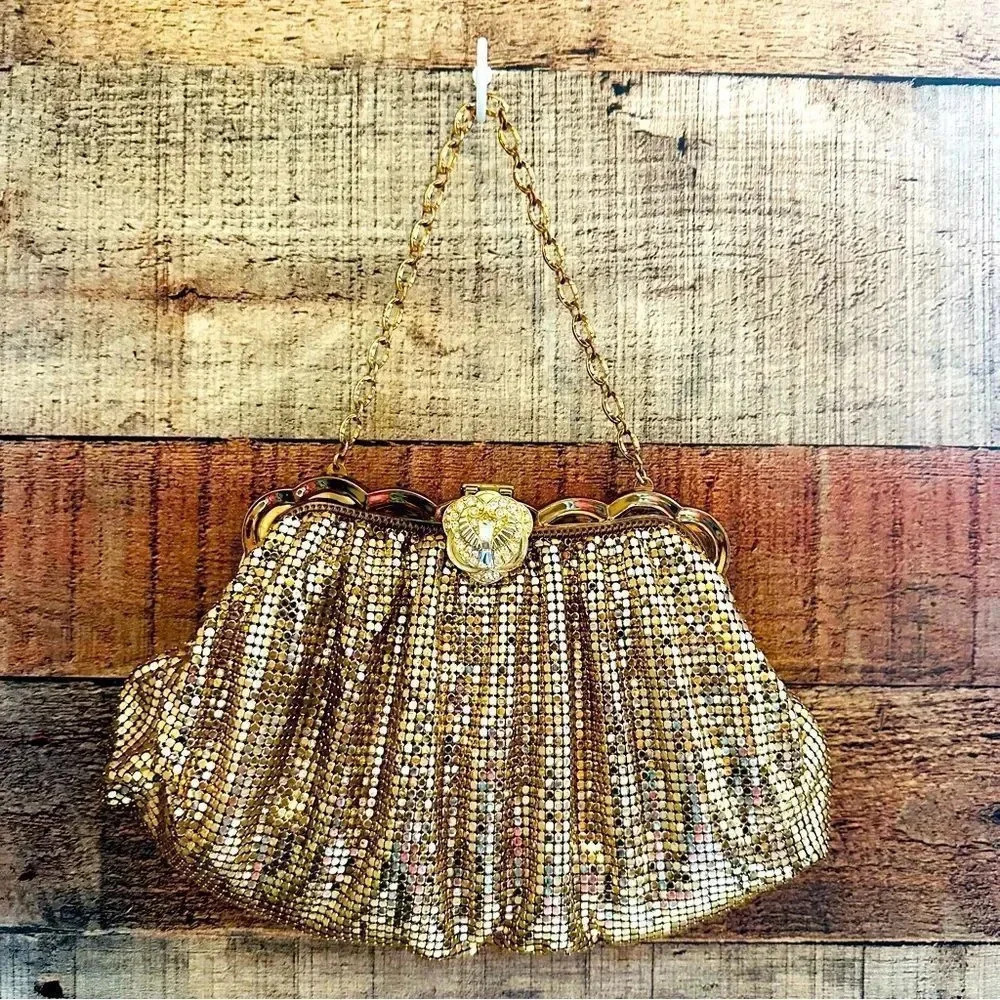 Whiting & Davis Co Vintage Golden Mesh Bag With Rhinestone/Jeweled Clasp